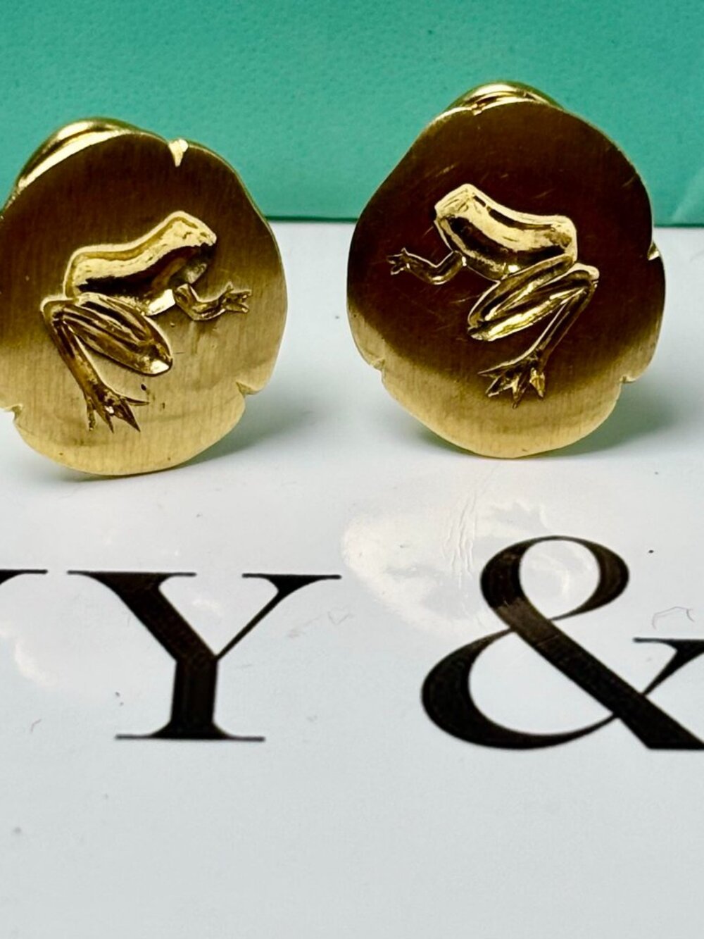 Tiffany & Co. very Rare Vintage Frog Fossil 18kyg Pierced Omega Clip earrings.